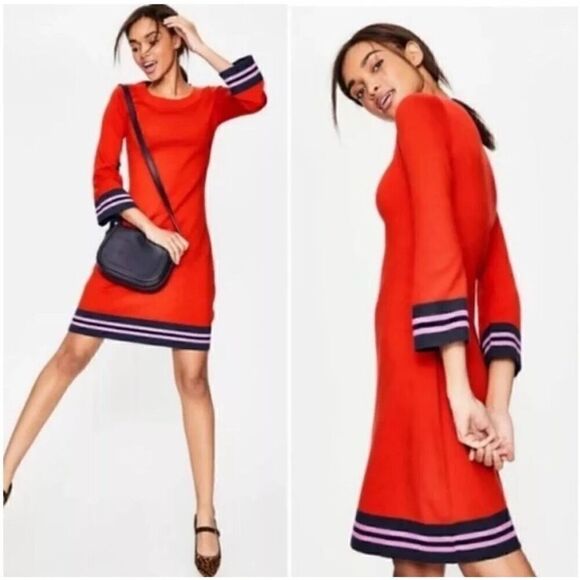 BODEN Trudy Knitted Wool Blend Dress Red Blue Knee Length Bell Sleeve Size 12 - Picture 2 of 12